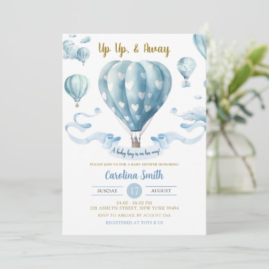 Up & Away Blue Hot Air Ballon Boy Baby Dusche Einladung (Stehend Vorderseite)