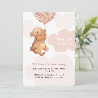 Up & Away Teddy Bear Pink Clouds Baby Birthday Einladung
