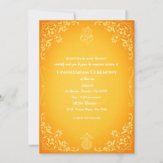 Upanayanam aka Hindu Holy Thread Janeu Zeremonie Einladung (Vorderseite)