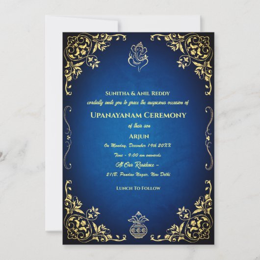 Upanayanam aka Hindu Holy Thread Janeu Zeremonie Einladung (Vorderseite)