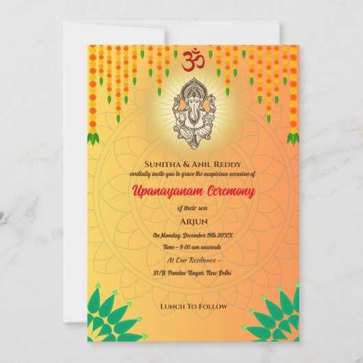 Upanayanam aka Hindu Holy Thread Janeu Zeremonie Einladung (Vorderseite)