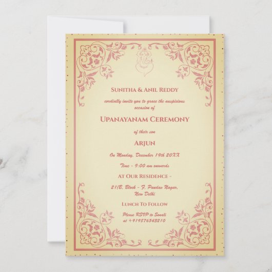 Upanayanam aka Hindu Holy Thread Janeu Zeremonie Einladung (Vorderseite)