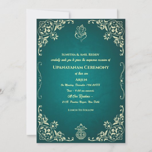 Upanayanam aka Hindu Holy Thread Janeu Zeremonie Einladung (Vorderseite)