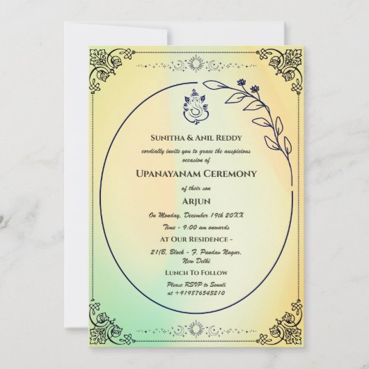 Upanayanam aka Hindu Holy Thread Janeu Zeremonie Einladung (Vorderseite)