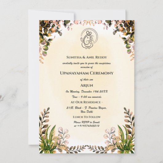 Upanayanam aka Hindu Holy Thread Janeu Zeremonie Einladung (Vorderseite)