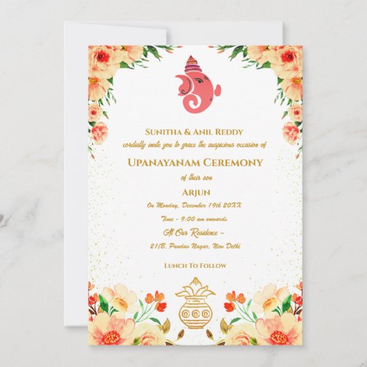 Upanayanam aka Hindu Holy Thread Janeu Zeremonie Einladung (Vorderseite)
