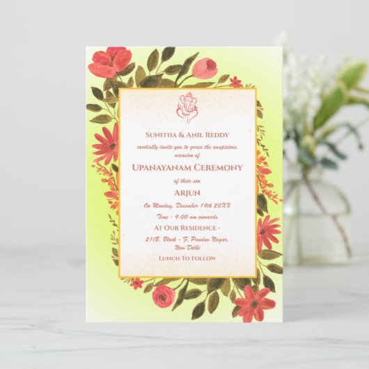 Upanayanam aka Hindu Holy Thread Janeu Zeremonie Einladung (Stehend Vorderseite)