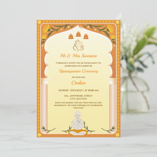 Upanayanm Invitation Card, Thread Ceremony Card Einladung (Stehend Vorderseite)