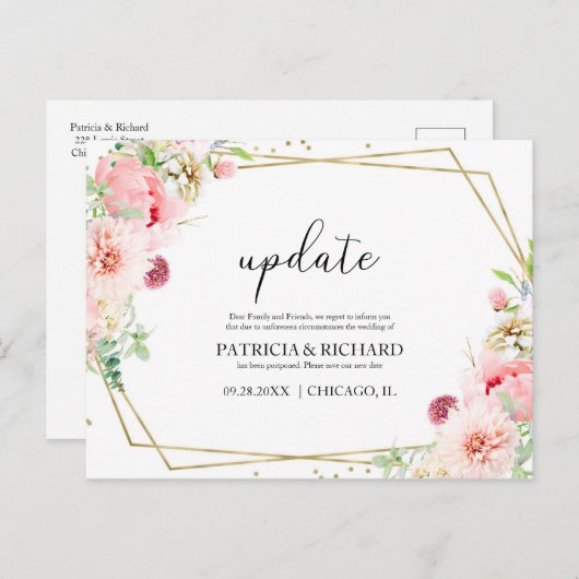 Update Blush Bloral Hochzeit ändern das Datum Postkarte (Vorne/Hinten)
