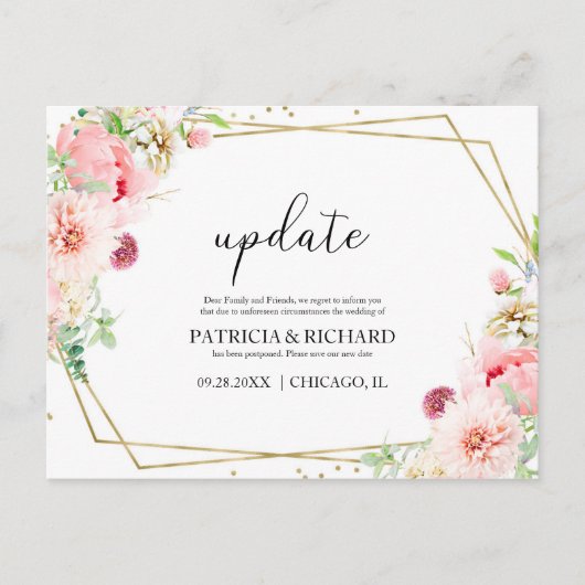 Update Blush Bloral Hochzeit ändern das Datum Postkarte (Vorderseite)