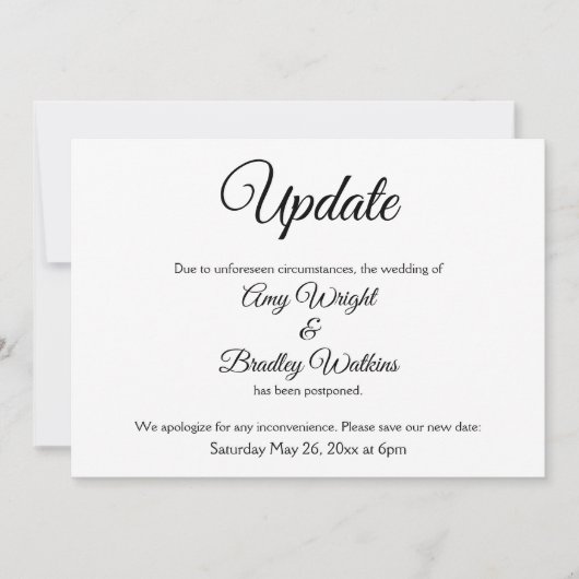 "Update" Elegante Zurückgestellte Hochzeitsankündi Einladung (Vorderseite)