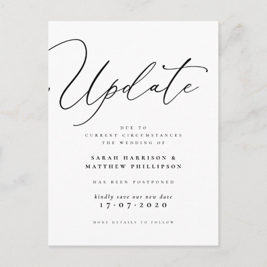 Update-Skript verschoben Hochzeitserklärung Einladungspostkarte (Vorderseite)