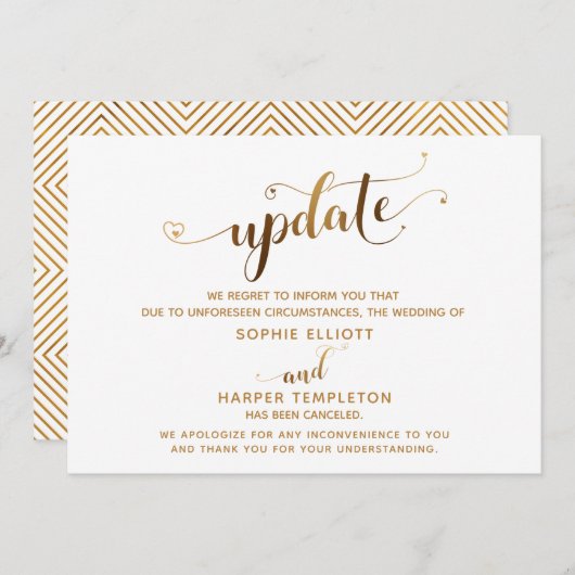 Update storniert Wedding Gold Hearts Script Card Einladung (Vorne/Hinten)