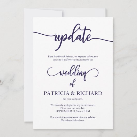 Update verschoben Hochzeiten Navy Blue Script Einladung (Vorderseite)