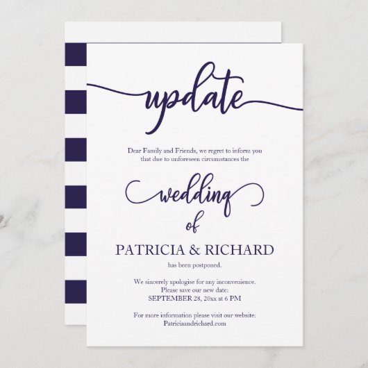 Update verschoben Hochzeiten Navy Blue Script Einladung (Vorne/Hinten)