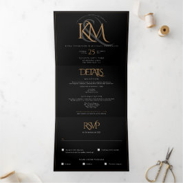 UPDATED Black Gold Monogram Wedding All in one Dreifach Gefaltete Einladung