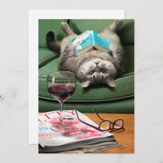 Updown Cat Reading Book Einladung (Vorne/Hinten)