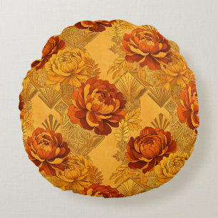 Üppige Blüten Golden Orange Art Deco  Rundes Kissen
