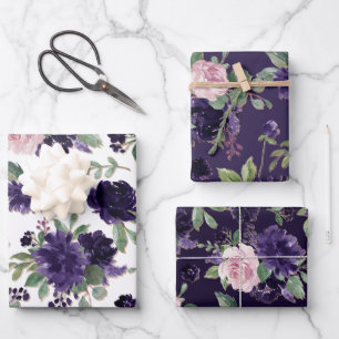 üppige Blüten   Lila und rosa Blumenmuster Geschenkpapier Set