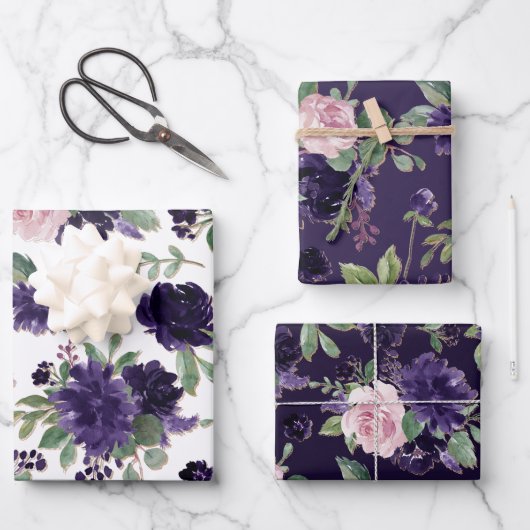 üppige Blüten | Lila und rosa Blumenmuster Geschenkpapier Set (Vorderseite)