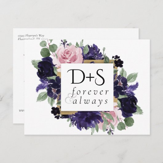 üppige Blüten | Lila und Rosa Save the Date Ankündigungspostkarte (Vorne/Hinten)