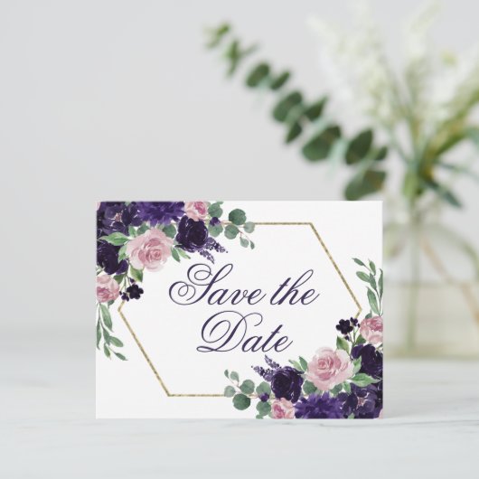 üppige Blüten | Lila und Rosa Save the Date Postkarte (Stehend Vorderseite)