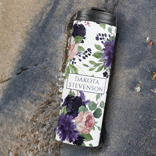 üppige Blüten | Monogramm Lila und rosa Muster Thermosbecher