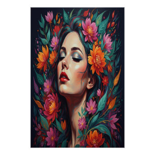 "Üppige Florale Traumfrau   Lebendige Porträtkunst Poster