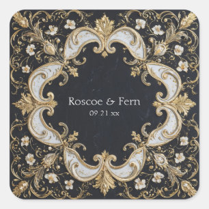 Üppige Gold Barock Weiße Blumen Schwarze Hochzeit Quadratischer Aufkleber