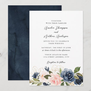 Üppige Gold Navy Rosa Florale Hochzeit Einladung