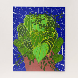 Üppige grüne Blätter in Terrakotta auf blauem Mosa Puzzle