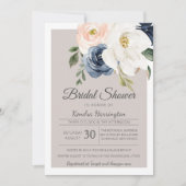 Üppige Magnolien-Rosen-graue Marine u. erröten Einladung (Vorderseite)