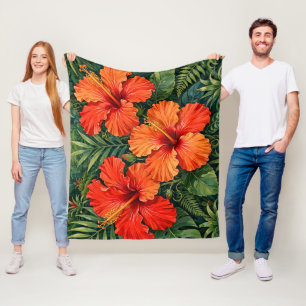 Üppige orange Hibiskus-Dschungelblumen tropisch Fleecedecke