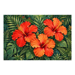 Üppige orange Hibiskus-Dschungelblumen tropisch Fotodruck