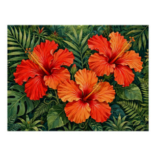 Üppige orange Hibiskus-Dschungelblumen tropisch Poster