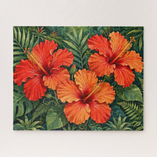 Üppige orange Hibiskus-Dschungelblumen tropisch Puzzle