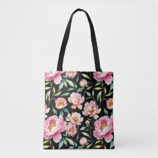 Üppige Pfingstrosen-Blumen-Schwarze-Tasche Tasche