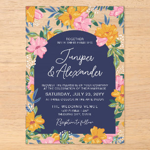 Üppige rosa gelbe Blumen dunkle blaue Hochzeit Acryleinladungen