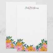 Üppige rosa gelbe Blumen Name & Initiale Briefpapier (Vorne/Hinten)