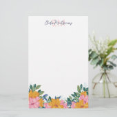 Üppige rosa gelbe Blumen Name & Initiale Briefpapier (Stehend Vorderseite)