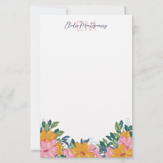 Üppige rosa gelbe Blumen Name & Initiale Briefpapier (Vorderseite)