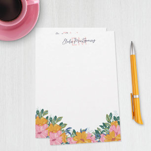 Üppige rosa gelbe Blumen Name & Initiale Briefpapier