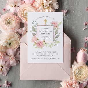 Üppige Rosen Elegante rosa Blumen-Taufe Einladung