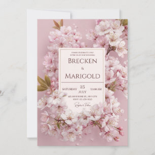 Üppige Röte Pinke Kirschblüten Goldrahmen Hochzeit Einladung