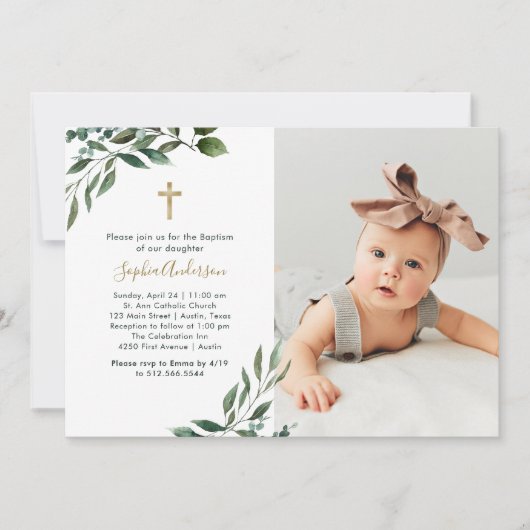 üppige Vegetation | Taufe zum Foto und Goldkreuz Einladung (Vorderseite)