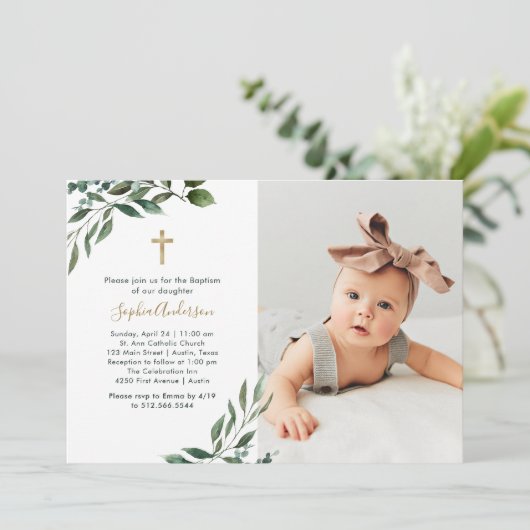 üppige Vegetation | Taufe zum Foto und Goldkreuz Einladung (Stehend Vorderseite)