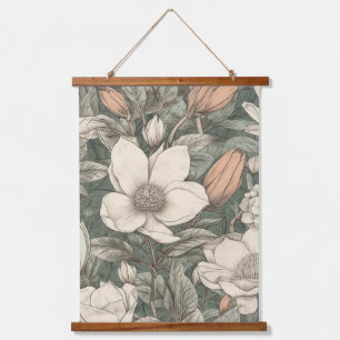 Üppige Vintage-Magnolie Floral Botanisch Wandteppich Mit Holzrahmen