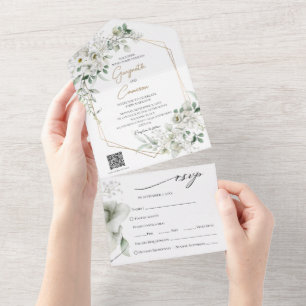 Üppige weiße Blumen QR-Code All in One Einladung