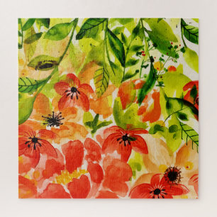Üppige wilde blühende Korallenblumen Aquarell Puzzle
