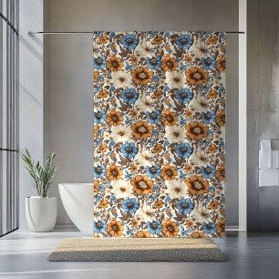 Üppiger blauer elfenbeinfarbener Blumen-Boho-Puder Duschvorhang